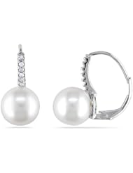 14k White Gold 9-9.5 MM South Sea Cultured Pearl, and Diamond Stud Earrings (0.168 Cttw, G-H Color, I1-I2 Clarity)