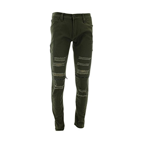 Kayden K - Men's Front Knee Zip Rips Jean - Light Olive