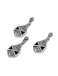 Sterling Silver High Fashion Tile Design Hexagon Pendant and Earrings Jewelry Set with Black Onyx