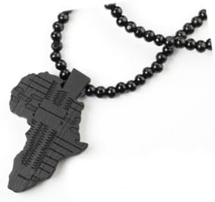 ETSYG Men Black African Map Pendant Necklace Piece Africa Wood Rosary Bead Chain