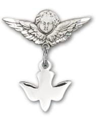 Sterling Silver Baby Badge with Holy Spirit Charm and Angel with Wings Badge Pin