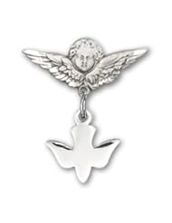 Sterling Silver Baby Badge with Holy Spirit Charm and Angel w/Wings Badge Pin