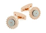 Unusual pink gold plated cog shaped cufflinks with central silver plated smaller cog shaped accent with presentation box