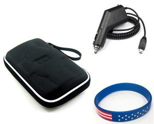 Garmin Nuvi 650 Nylon/ EVA Carrying Case (Black) + Premium Car Charger + Free Stars Stripes Silicone Wristband