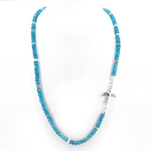 Blue Apatite Faceted Gemstone Beaded Necklace with Flying Song Bird in Sterling Silver, 17" Length, #7554