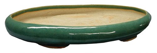 Shallow oval bonsai planter / pot - chinese ceramic, green glaze