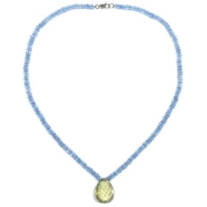 14k Yellow Gold Blue Topaz Roundel Necklace with Pear Shaped Lemon Quartz Drop... by