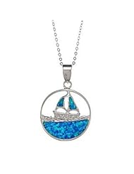 Sterling Silver Blue Opal Sailboat on the Sea Circle Pendant with 18" Chain