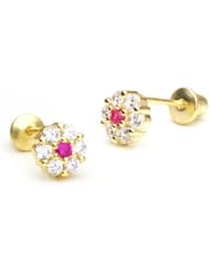 14k Gold Plated Baby Ruby Round Clustered Flower Children Screwback Earring With 925 Silver Post Baby, Toddler, Kids & Children