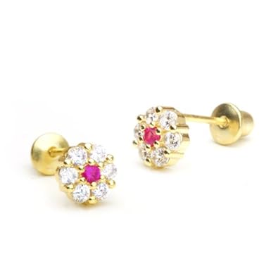 Cheap Girls Jewelry 14k Gold Plated Baby Ruby Round Clustered Flower Children Screwback Earring With 925 Silver Post Baby, Toddler, Kids & Children For Sale