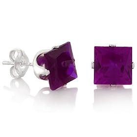 February Birthstone Amethyst Purple Princess Cut Cubic Zirconia CZ Silver Stud Earrings