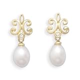 14K Yellow Gold and Diamond Fleur- de -Lis Post Earrings with 8.5-9mm Cultured Freshwater Rice Pearl