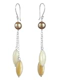 Sterling Silver 6mm Champagne Freshwater Cultured Pearl Rice with Natural and White Mother-of-Pearl Rice Drop Earringss
