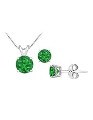 Created Emerald Solitaire Pendant with Earrings Set in Sterling silver 2.00 CT TGW