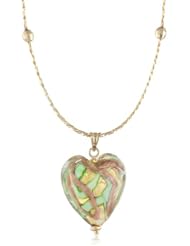 14k Yellow Gold Mesh Neck Wire with Green Murano Glass Heart Pendant Necklace, 17"
