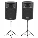 1 Pair of New Karaoke PA DJ Band 15 Pro Audio Powered Active 1800 Watt Speakers and Stands DJ Set PP1503ASET1