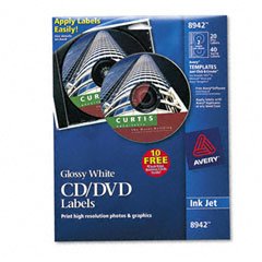 Avery 8942 CD/DVD White Glossy Labels for Ink Jet Printers, 20 Labels per pack