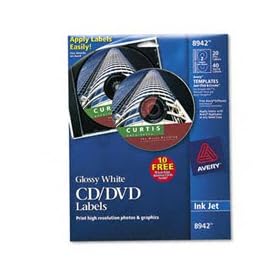Avery 8942 CD/DVD White Glossy Labels for Ink Jet Printers, 20 Labels per pack