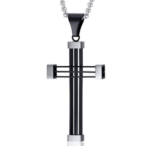 Timeless Confidence: Unisex Stainless Triple Bar Black Steel Modern Cross Pendant Necklace