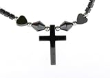 Hematite Necklace 16-18 Inches in Length - Cross with Hearts