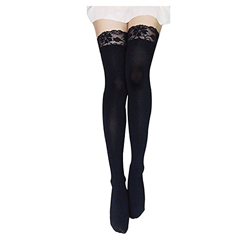 FUNOC Women's Lace Top Opaque Thigh High Stockings