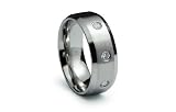 Stainless Steel Ring Satin Flat Center with 3 CZ High Polish Beveled Band 8mm