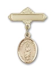 14K Gold Baby Badge with Our Lady of Victory Charm and Polished Badge Pin