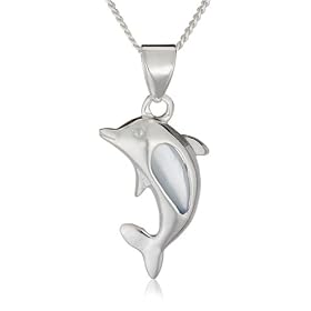 Silver Blue Mother-of-Pearl Dolphin Pendant + Curb Chain 46cm Adjustable