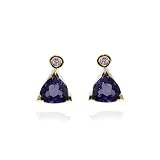 14k Yellow Gold Trillion Cut Iolite and Diamond Dangle Earrings