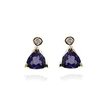 14k Yellow Gold Trillion Cut Iolite and Diamond Dangle Earrings