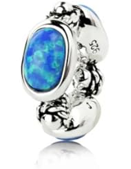 Sterling Silver Rondelles Charm with Lab Blue Opal, Fits Pandora and All Brands Charm Bracelets and Necklaces