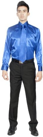 Men's Elegant Shiny Satin Dress Shirt w/ Tie & Pocket Hankey - Many Colors (XLarge 17-17.5 Neck 34/35 Sleeve, Royal Blue)