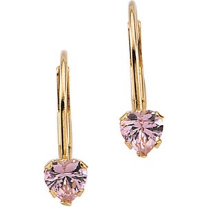 Genuine St. Anton Earrings. 14K Yellow Gold Childrens Pink Cz Heart Lever Back Earring Pair 12.75X04.00 mm. 100% Satisfaction Guaranteed.