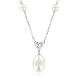 Heart Diamond and Pearl Necklace in 14k White Gold, 18
