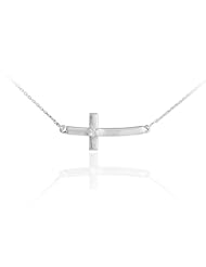 925 Sterling Silver Small Curved Diamond Pendant Sideways Cross Necklace