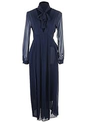 V-neck Bishop Long Sleeves Pleated Sheer Maxi Dress 
