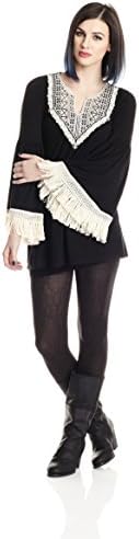 Bellamie Women's "Stars In Moonlight" Top With Curtain Fringe Bell Sleeves, Appliqué Detail Medium Black