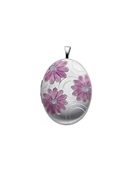 Sterling Silver Pink Enamel Flower Engraved Locket Pendant (1" or 25mm Height)