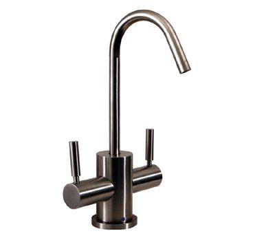Whitehaus Forever hot instant hot and cold water dispenser with a gooseneck spout and a self closing hot water handle WHFH-HC1401-BN