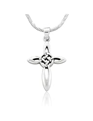 925 Sterling Silver Shiny Celtic Cross Pendant with Rhodium Plated Chain Necklace w/ Lobster clasp 18"