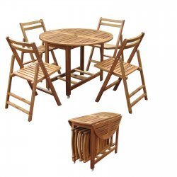 Folding Circular Outdoor Dining Table with Four Chairs (Natural Wood Stain) (29