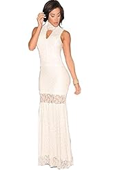 High-Neck Polyester/Spandex Checkered Print Sleeveless Lace Bodycon Dress/Evening Dress/Maxi Dress 