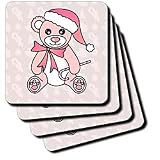 Christmas Cute Pink Teddy Bear with Santa hat - Set Of 4 Coasters - Soft