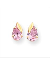 MadiK® Kids 14k Yellow Gold Polished Pink Pear Shaped CZ w/Leaf Post Earrings