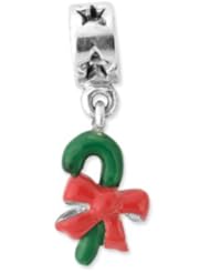 Silver Green Enameled Candy Cane Dangle Charm for 3mm Charm Bracelets