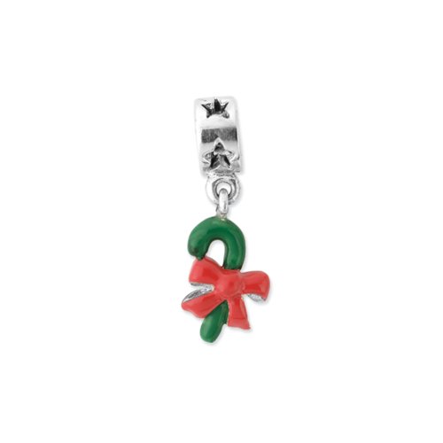 Silver Green Enameled Candy Cane Dangle Charm for 3mm Charm Bracelets