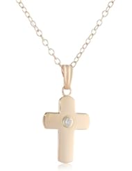 10k Solid Domed Polished Cross Pendant Necklace with Bezel Set Diamond, 18"