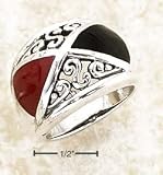 Sterling Silver Onyx Red Coral Triangle Inlays On Dome Ring - Size 7.0