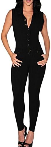 Forinie Women's Plus Size Casual Button Front Bodycon Jumpsuit XL Black