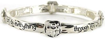 Silver-tone Philippians 4:13 Inspirational Theme Stretch Bangle Bracelet W/Gift Box
